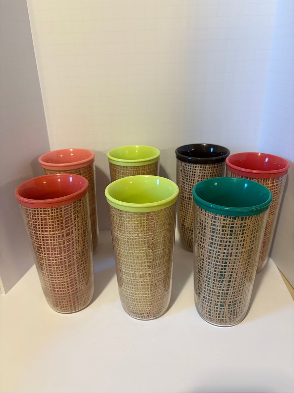 Retro 1950’s Raffiaware Insulated Tumblers Colorful Set Of Seven